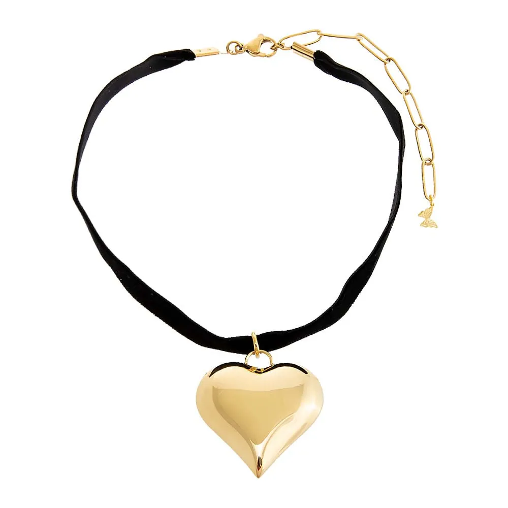 Small Puffy Heart Necklace Black Velvet Choker