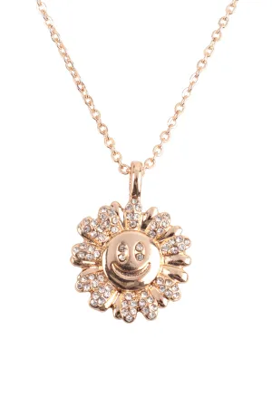 SMILEY FACE FLOWER PAVE CUBIC ZIRCONIA PENDANT LONG NECKLACE