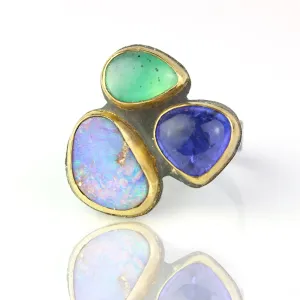 SOLD Rock Party Ring - Wood Fossil Opal, Tanzanite and Gem Silica. Size 7.