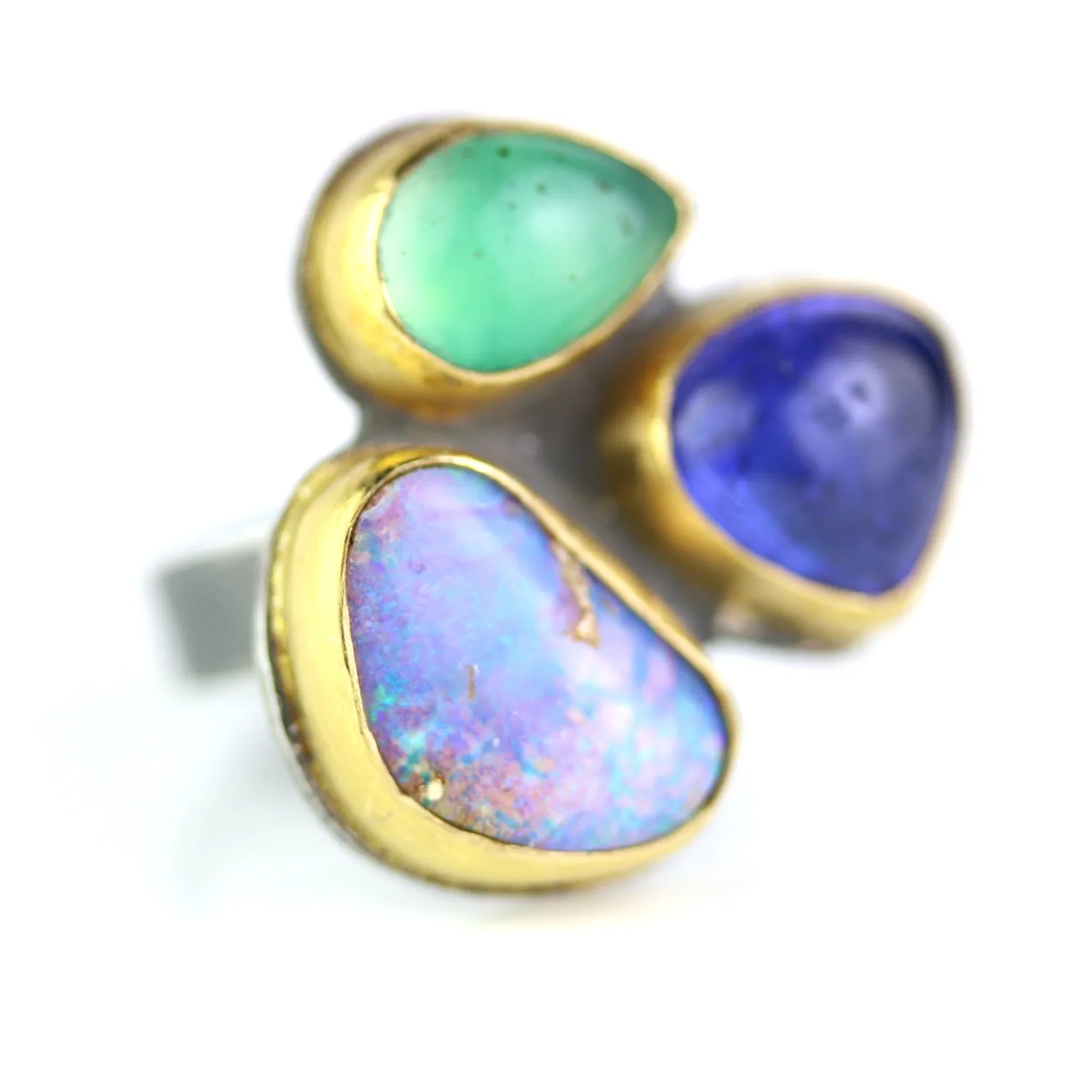 SOLD Rock Party Ring - Wood Fossil Opal, Tanzanite and Gem Silica. Size 7.