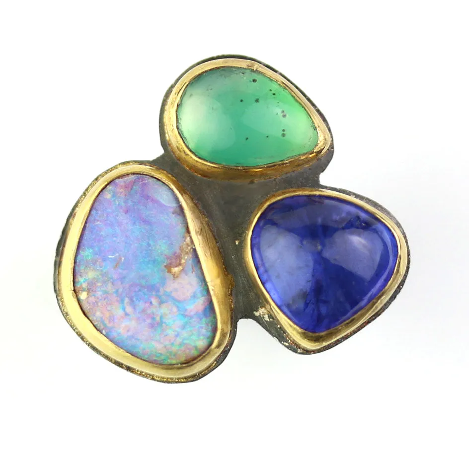 SOLD Rock Party Ring - Wood Fossil Opal, Tanzanite and Gem Silica. Size 7.