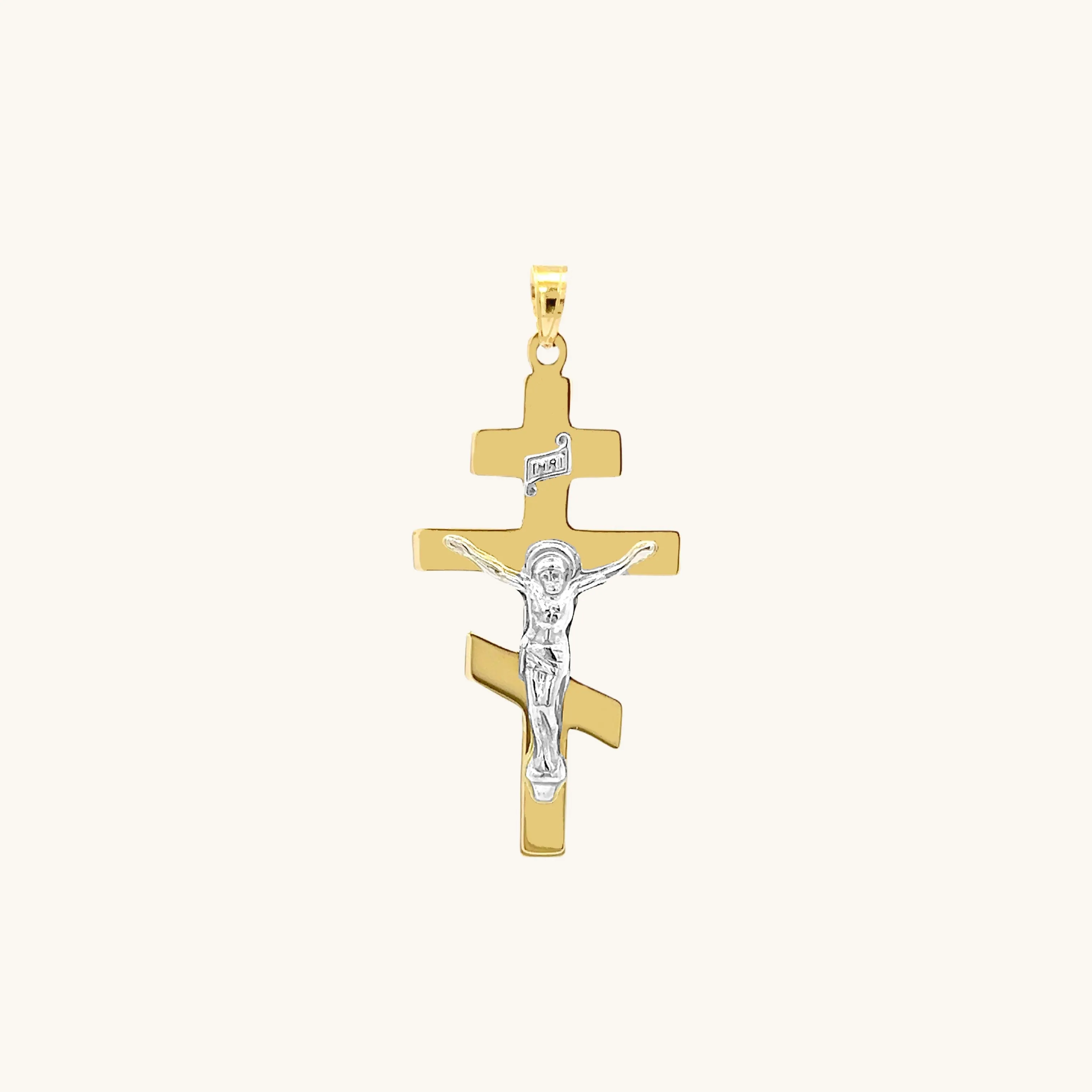 SOLID 14K TWO-TONE GOLD ORTHODOX CRUCIFIX PENDANT