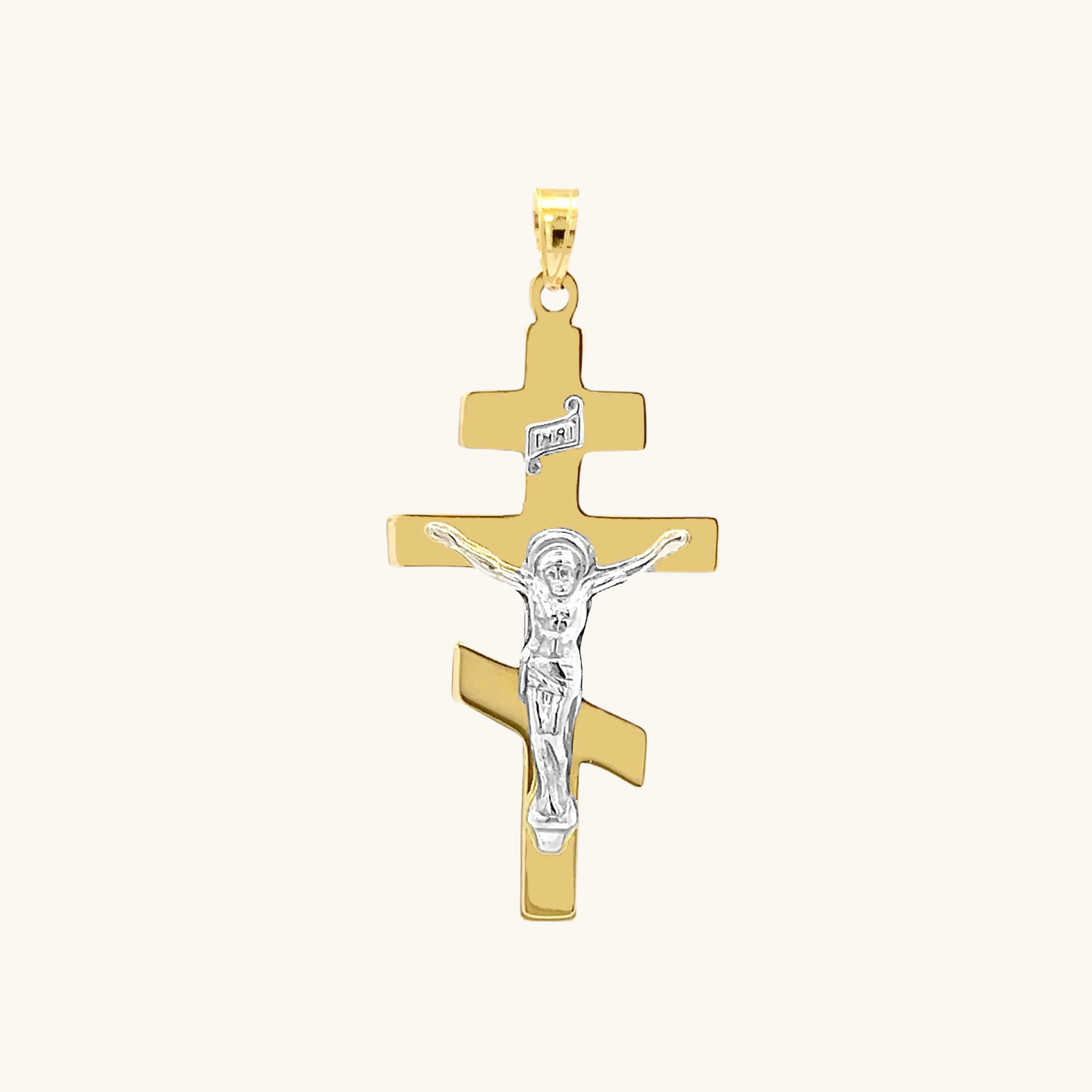 SOLID 14K TWO-TONE GOLD ORTHODOX CRUCIFIX PENDANT