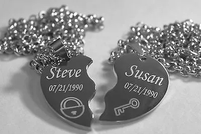 SOLID STAINLESS STEEL LOCK AND KEY SPLIT HEART NECKLACES LOVE FREE ENGRAVING