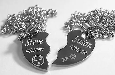 SOLID STAINLESS STEEL LOCK AND KEY SPLIT HEART NECKLACES LOVE FREE ENGRAVING