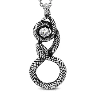 Stainless Steel Antique Vintage Spiral Serpent Loki Snake CZ Biker Necklace Pendant