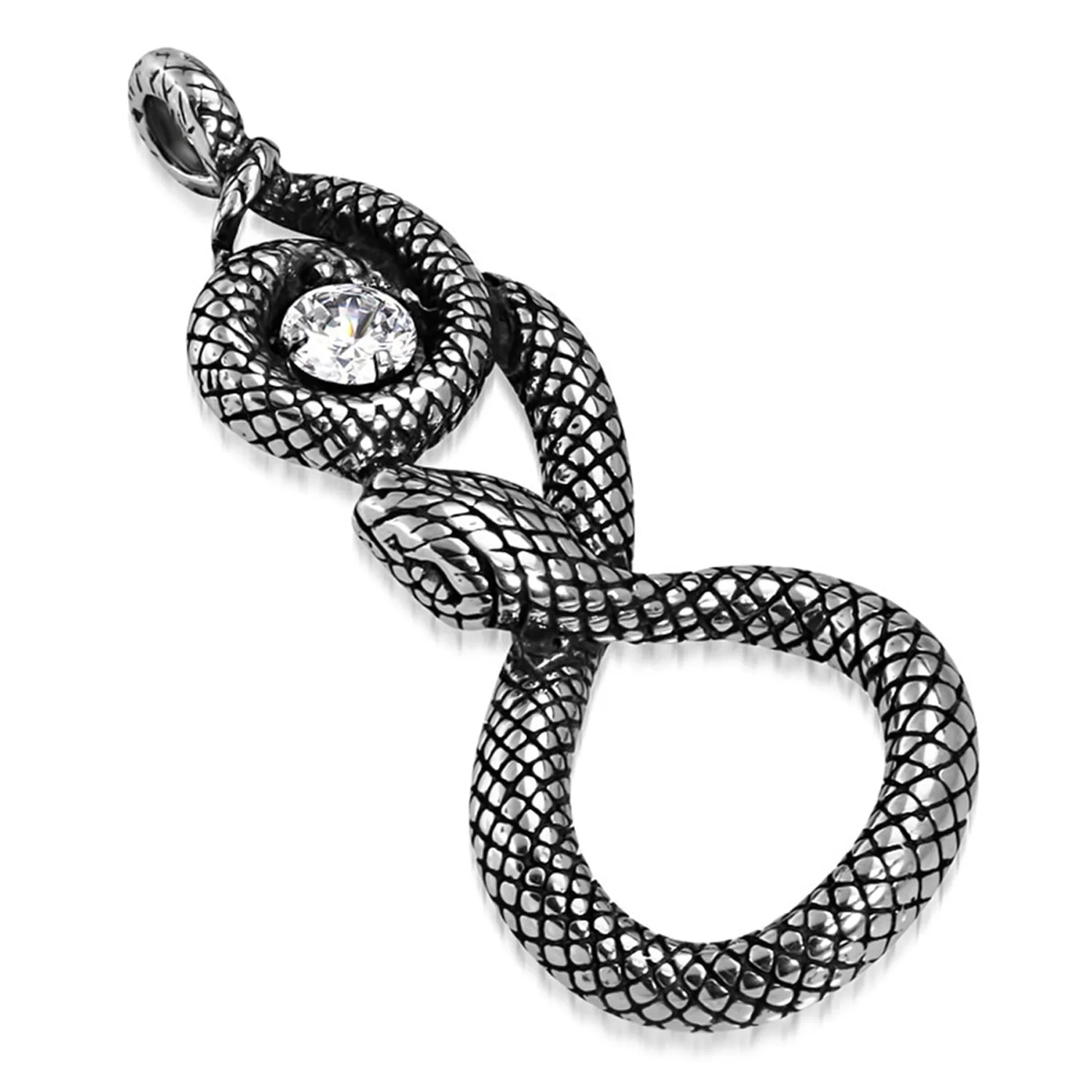 Stainless Steel Antique Vintage Spiral Serpent Loki Snake CZ Biker Necklace Pendant