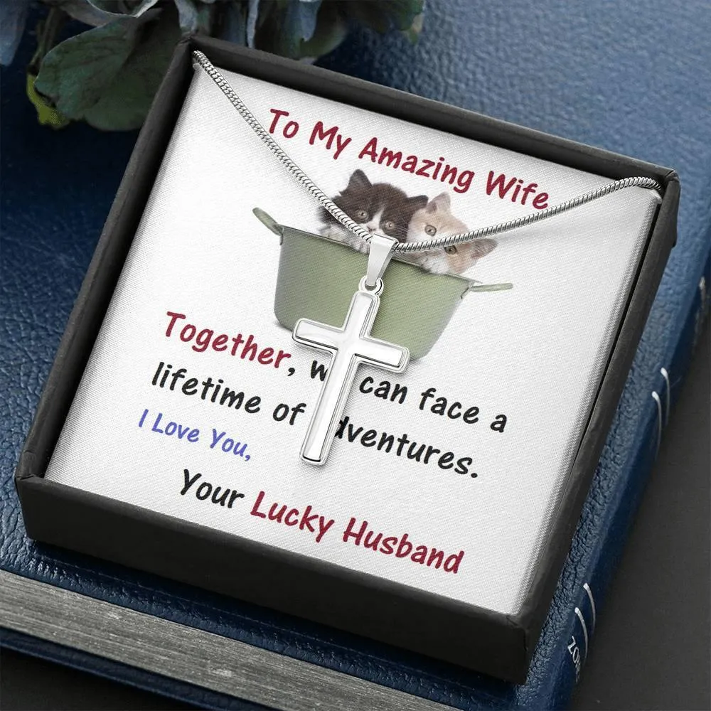 Stainless Steel Cross Necklace, For Wife | Future Wife | Birthday | Anniversary | Cat Lover | Christmas Gift  | Message Card Jewelry