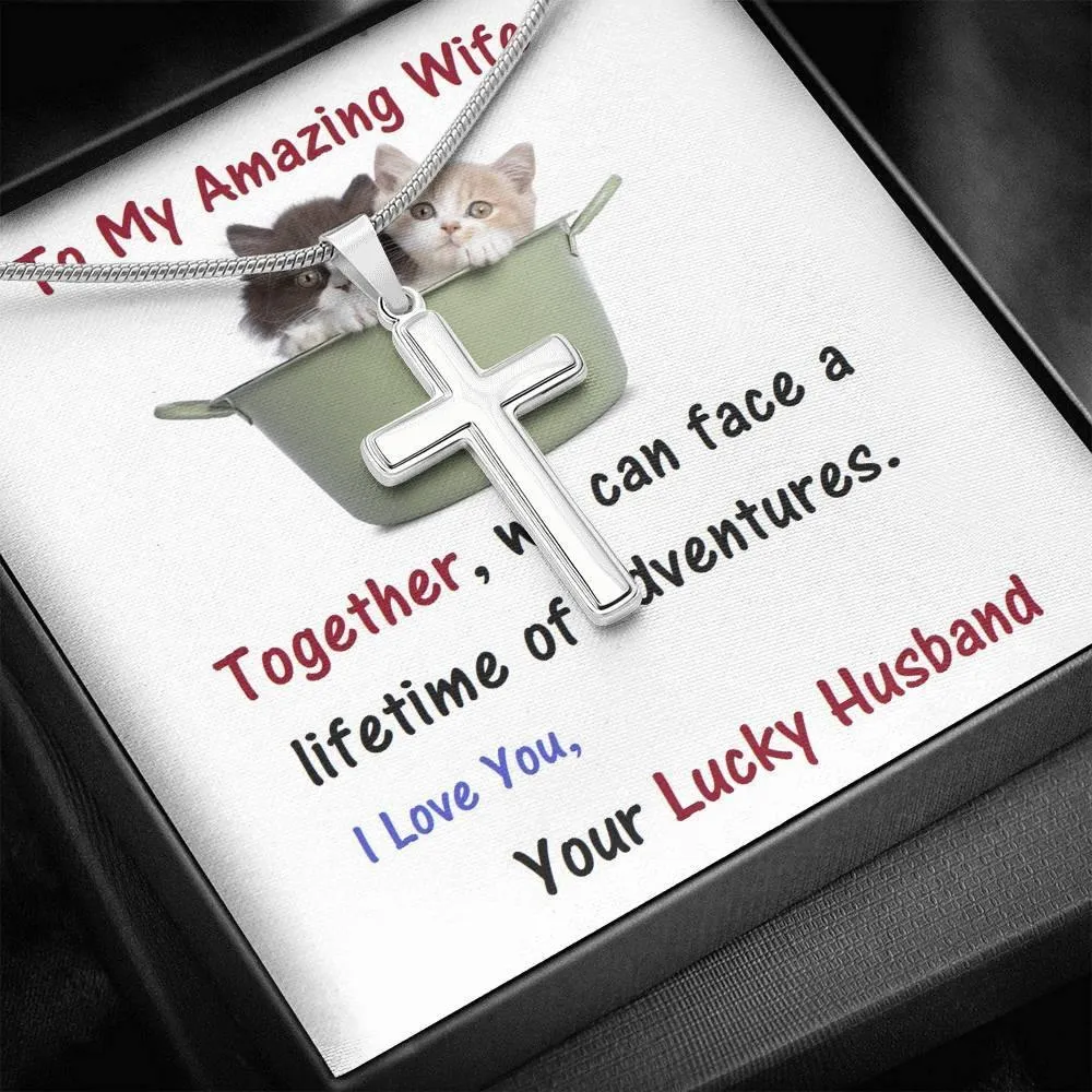 Stainless Steel Cross Necklace, For Wife | Future Wife | Birthday | Anniversary | Cat Lover | Christmas Gift  | Message Card Jewelry