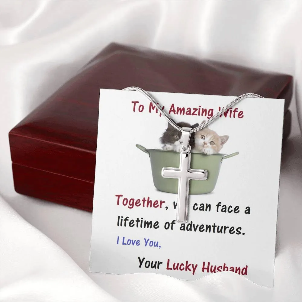 Stainless Steel Cross Necklace, For Wife | Future Wife | Birthday | Anniversary | Cat Lover | Christmas Gift  | Message Card Jewelry