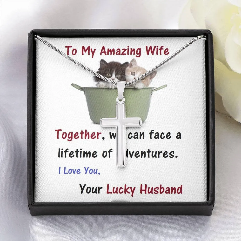 Stainless Steel Cross Necklace, For Wife | Future Wife | Birthday | Anniversary | Cat Lover | Christmas Gift  | Message Card Jewelry