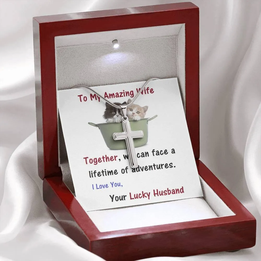 Stainless Steel Cross Necklace, For Wife | Future Wife | Birthday | Anniversary | Cat Lover | Christmas Gift  | Message Card Jewelry