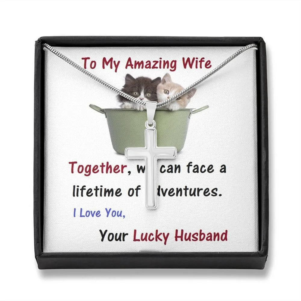 Stainless Steel Cross Necklace, For Wife | Future Wife | Birthday | Anniversary | Cat Lover | Christmas Gift  | Message Card Jewelry