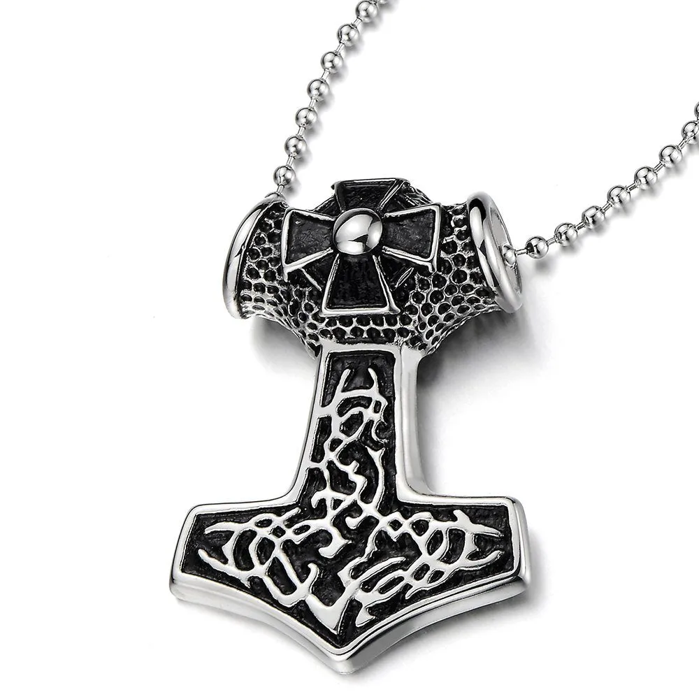 Stainless Steel Thors Hammer Pendant Irish Celtic Knot Cross Necklace for Man, 30 inches Ball Chain