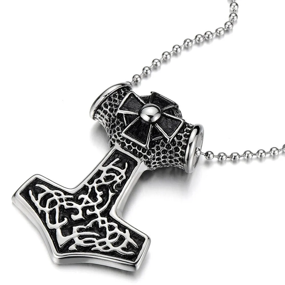 Stainless Steel Thors Hammer Pendant Irish Celtic Knot Cross Necklace for Man, 30 inches Ball Chain