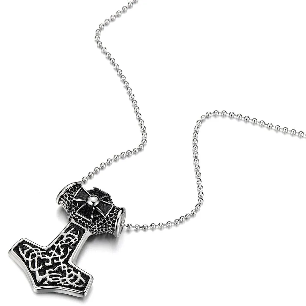 Stainless Steel Thors Hammer Pendant Irish Celtic Knot Cross Necklace for Man, 30 inches Ball Chain