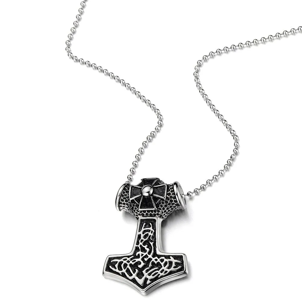 Stainless Steel Thors Hammer Pendant Irish Celtic Knot Cross Necklace for Man, 30 inches Ball Chain