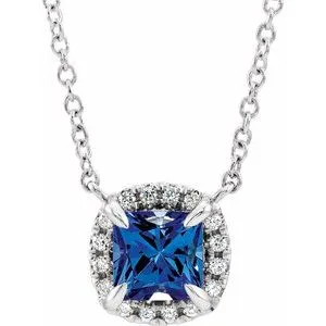 Sterling Silver 3x3 mm Square Chatham® Lab-Created Blue Sapphire & .05 CTW Diamond 18" Necklace