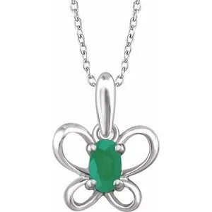 Sterling Silver 4x3 mm Oval May Youth Butterfly Birthstone 15" Necklace