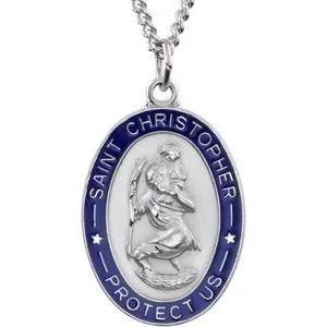 Sterling Silver & Blue Epoxy 26x20 mm St. Christopher Medal 24" Necklace
