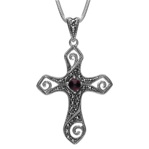 Sterling Silver Blue John Marcasite Swirl Cross Necklace