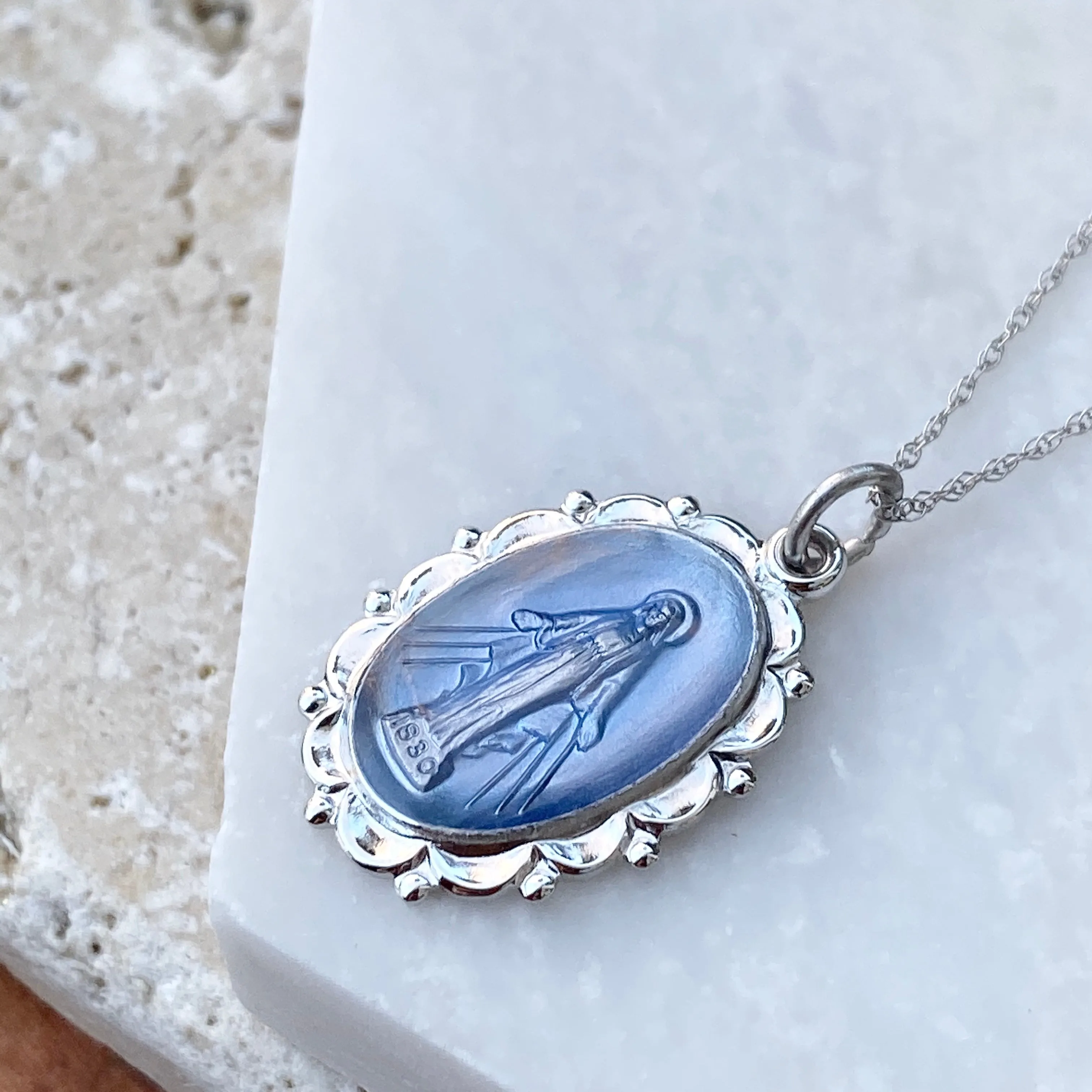 Sterling Silver Blue Miraculous Medal Pendant 26mm