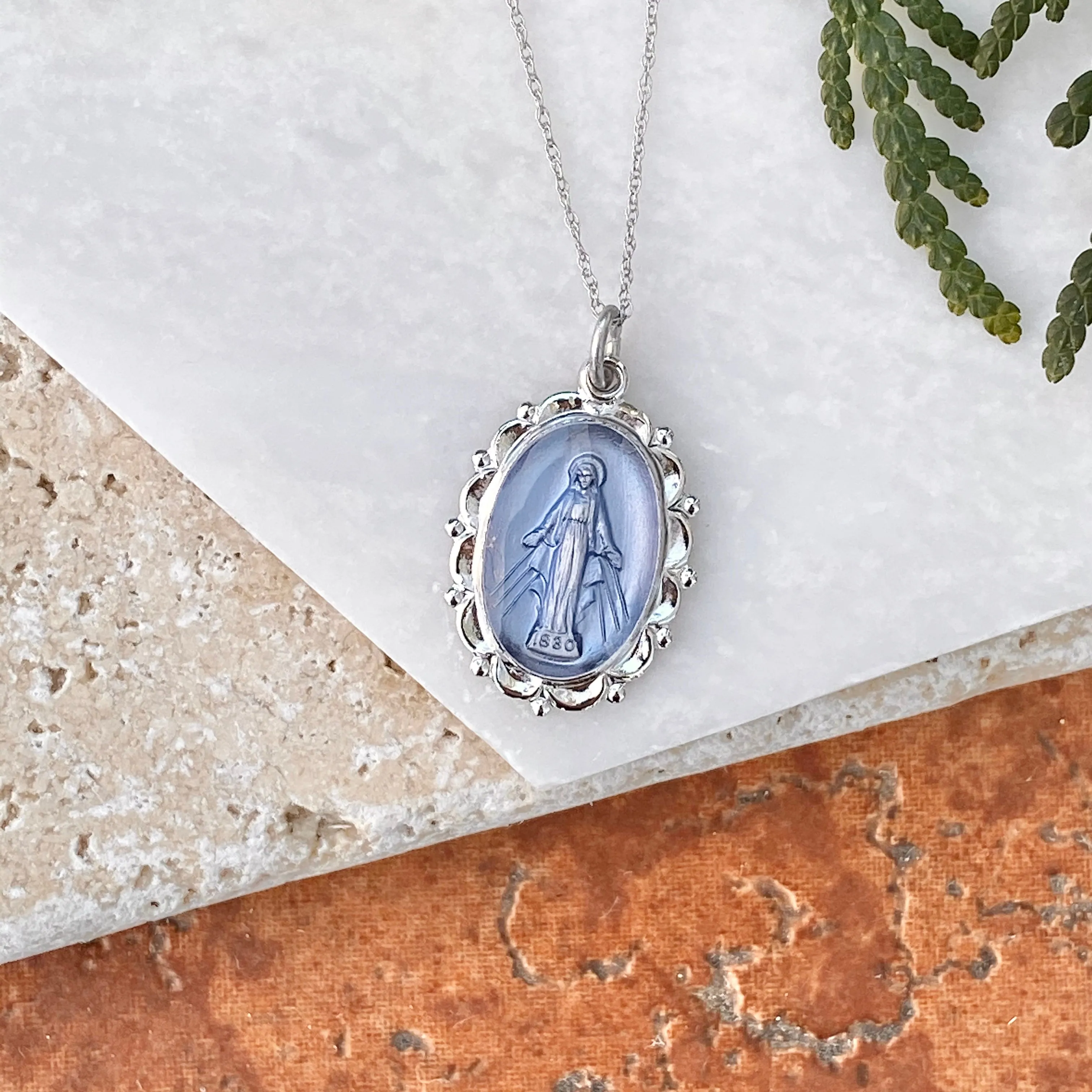 Sterling Silver Blue Miraculous Medal Pendant 26mm