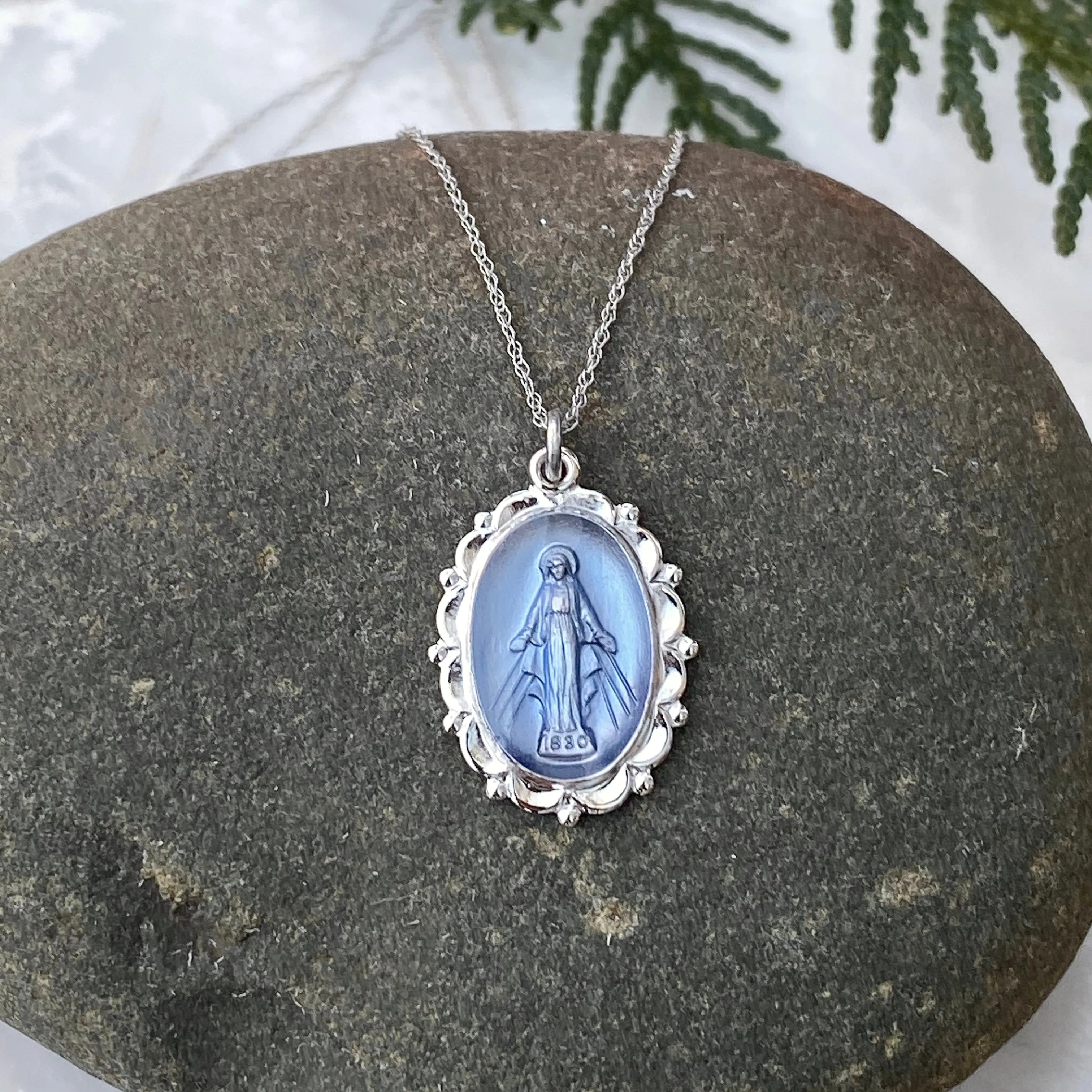Sterling Silver Blue Miraculous Medal Pendant 26mm
