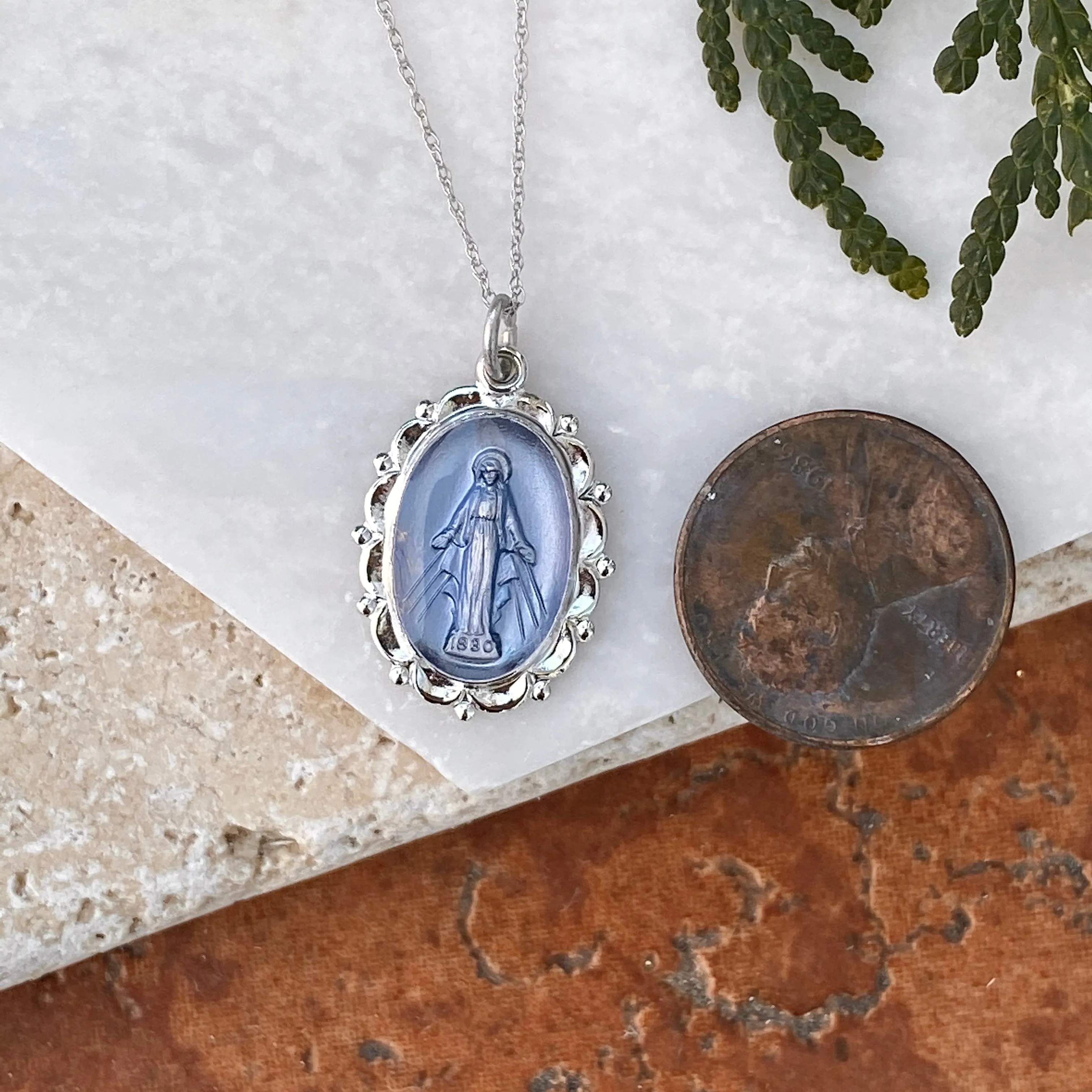 Sterling Silver Blue Miraculous Medal Pendant 26mm