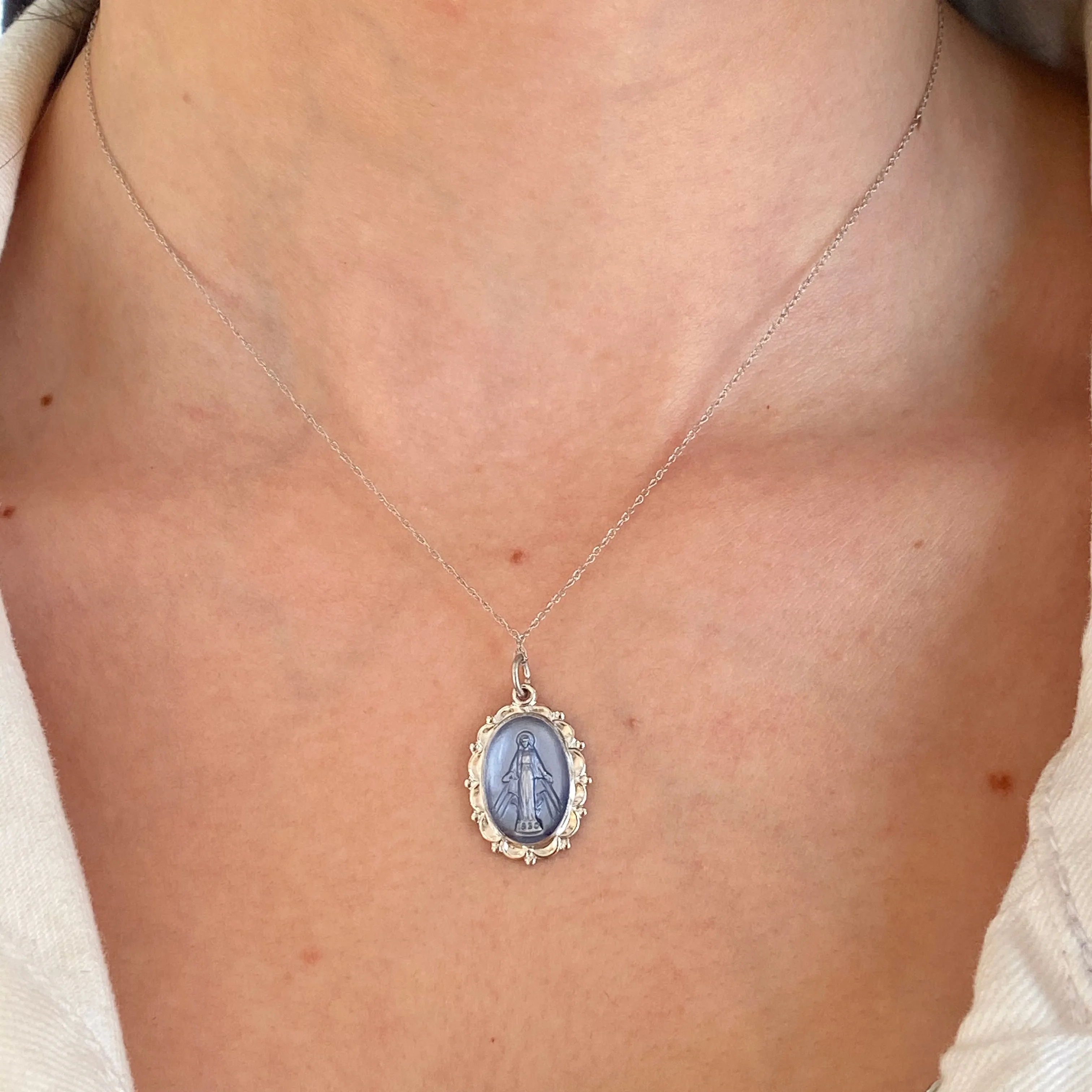 Sterling Silver Blue Miraculous Medal Pendant 26mm