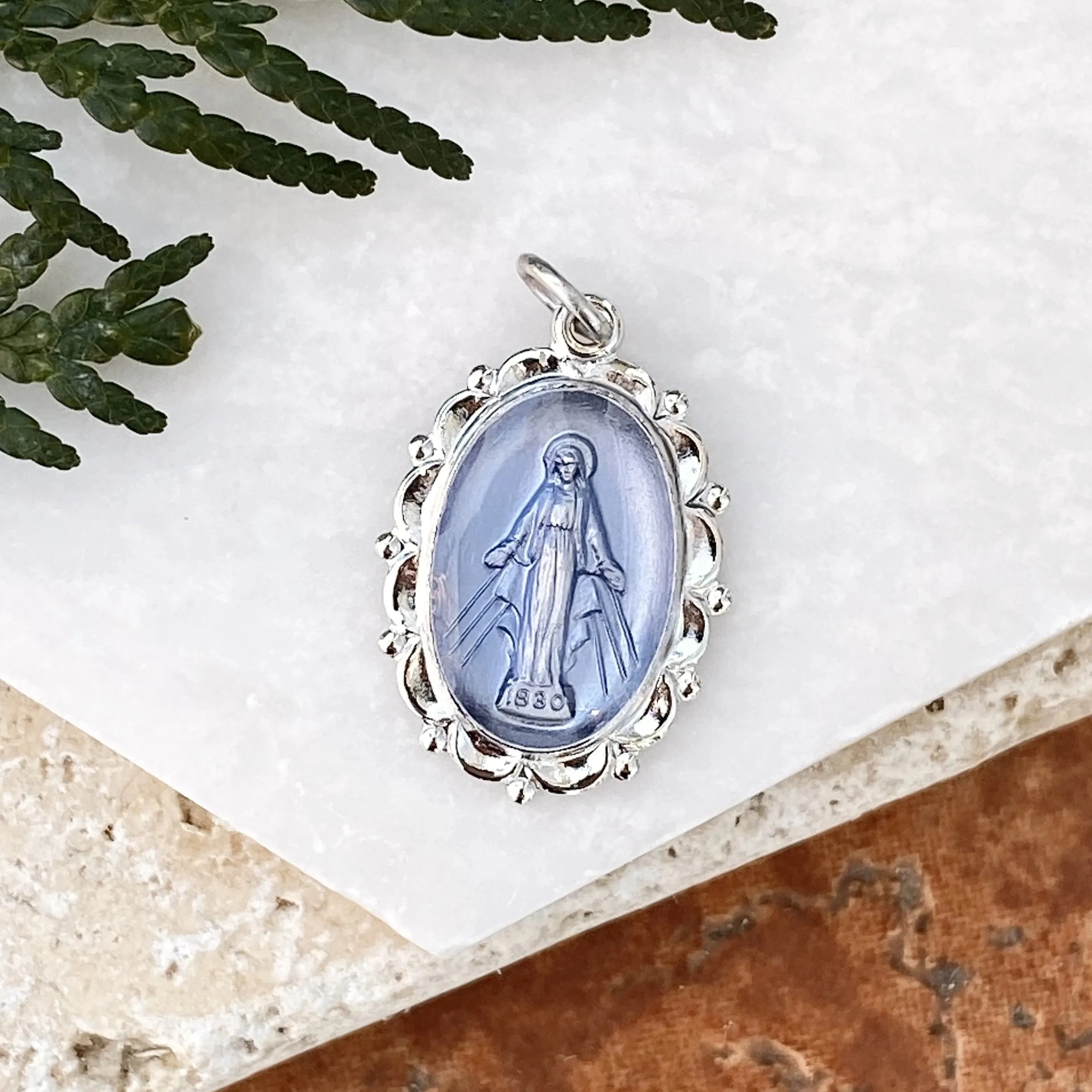 Sterling Silver Blue Miraculous Medal Pendant 26mm