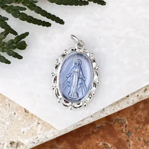 Sterling Silver Blue Miraculous Medal Pendant 26mm
