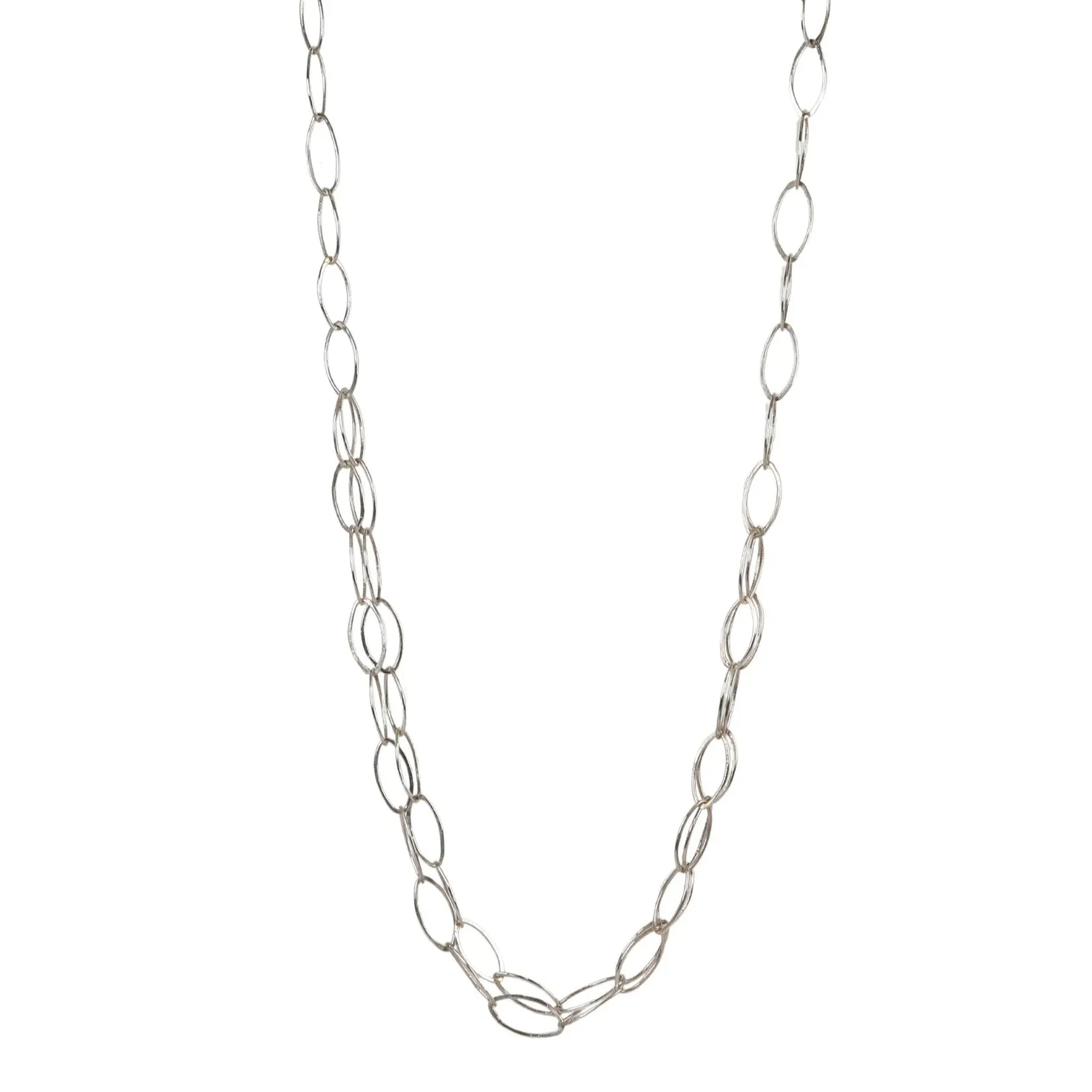 Sterling Silver Handmade Oval Link Chain Necklace with Center Double Layer of Chain