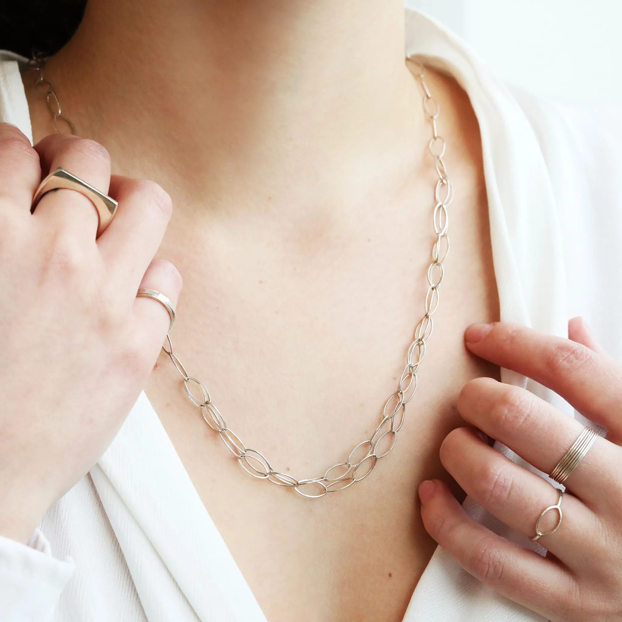 Sterling Silver Handmade Oval Link Chain Necklace with Center Double Layer of Chain