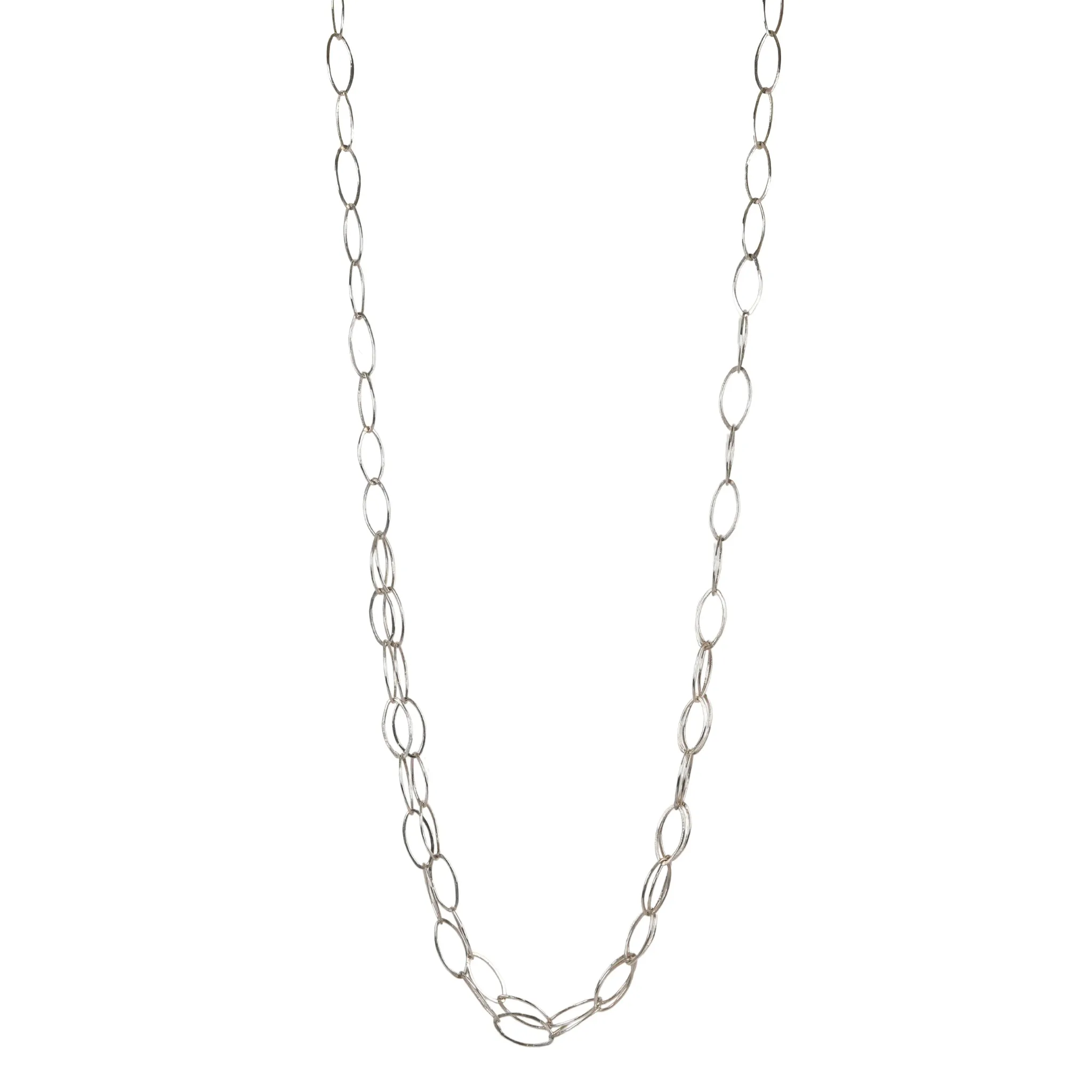 Sterling Silver Handmade Oval Link Chain Necklace with Center Double Layer of Chain