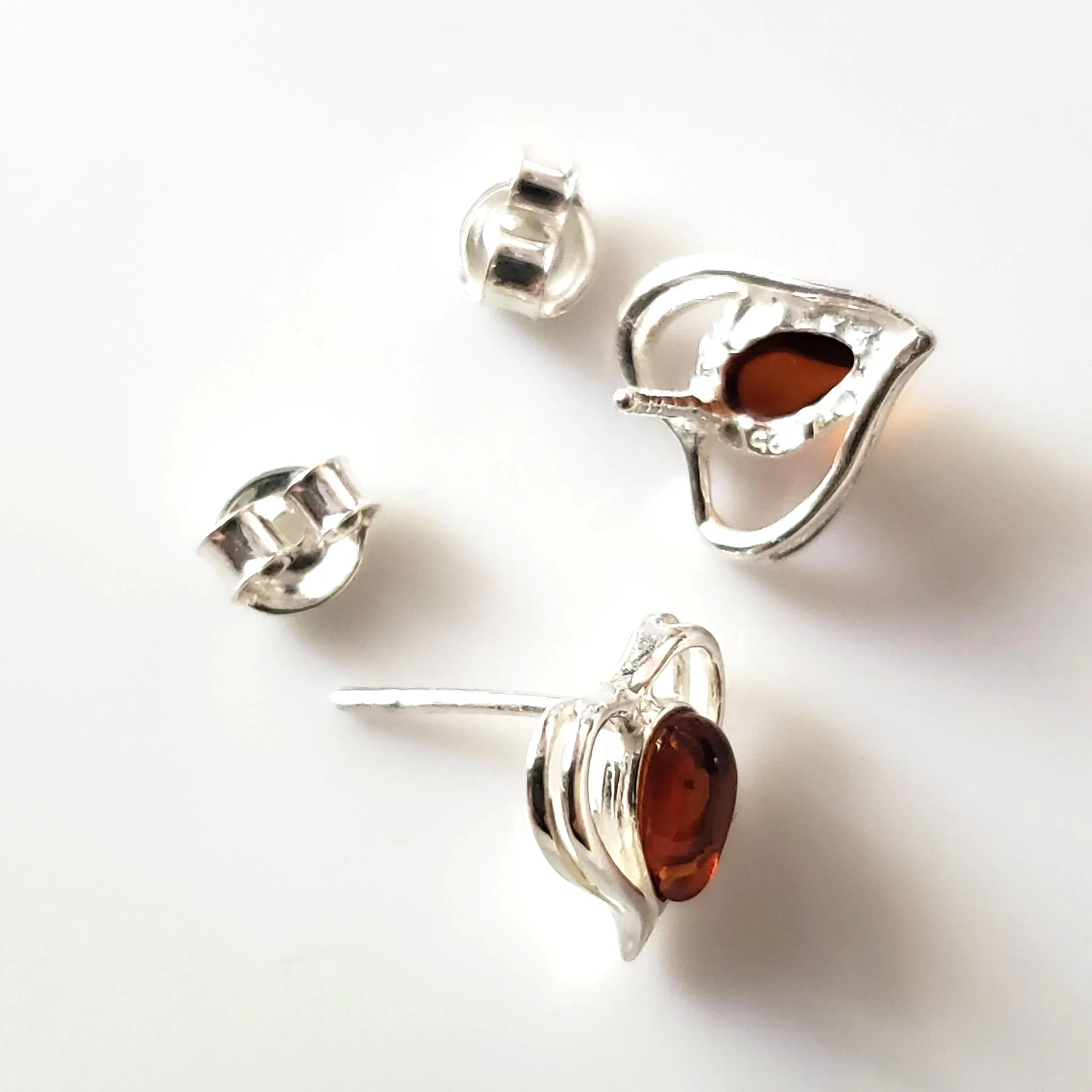 Sterling Silver Heart Stud Earrings with Amber
