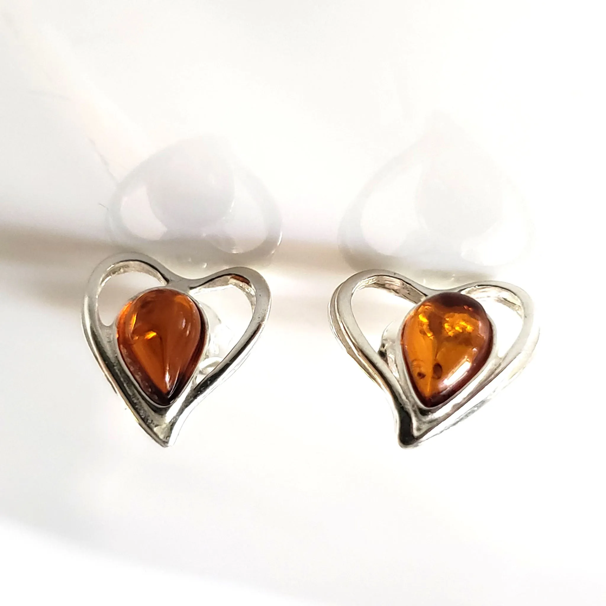 Sterling Silver Heart Stud Earrings with Amber