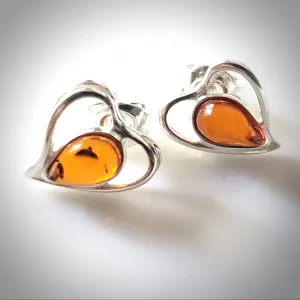 Sterling Silver Heart Stud Earrings with Amber