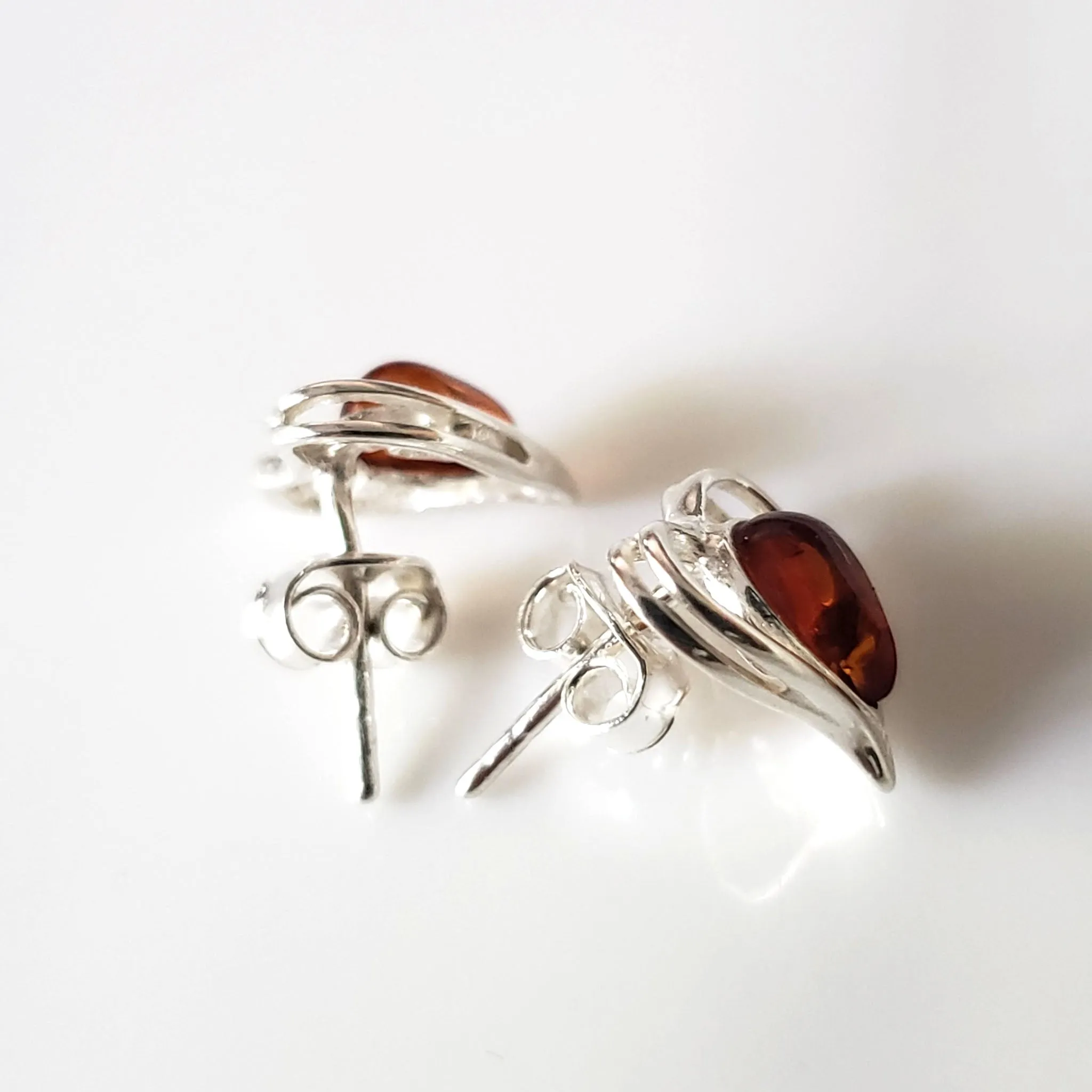 Sterling Silver Heart Stud Earrings with Amber