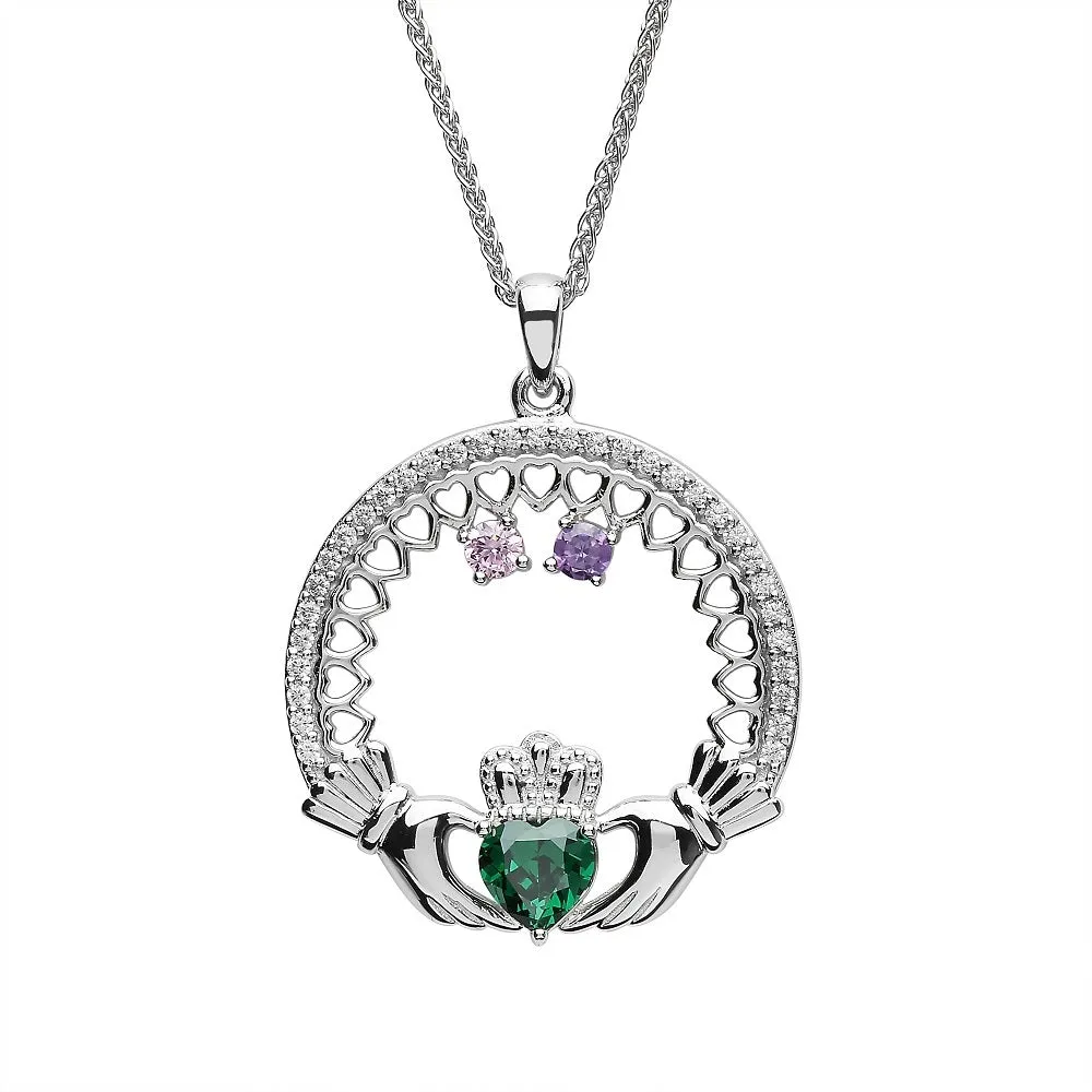 Sterling Silver Irish Family Claddagh Birthstone Pendant Mother and 2 Children SP2246-2