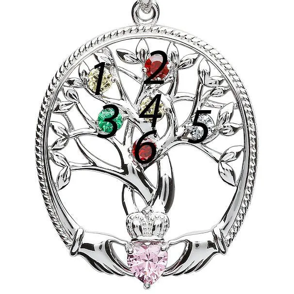 Sterling Silver Irish Family Claddagh Tree of Life Birthstone Pendant Mother and 6 Children - SP2247-6