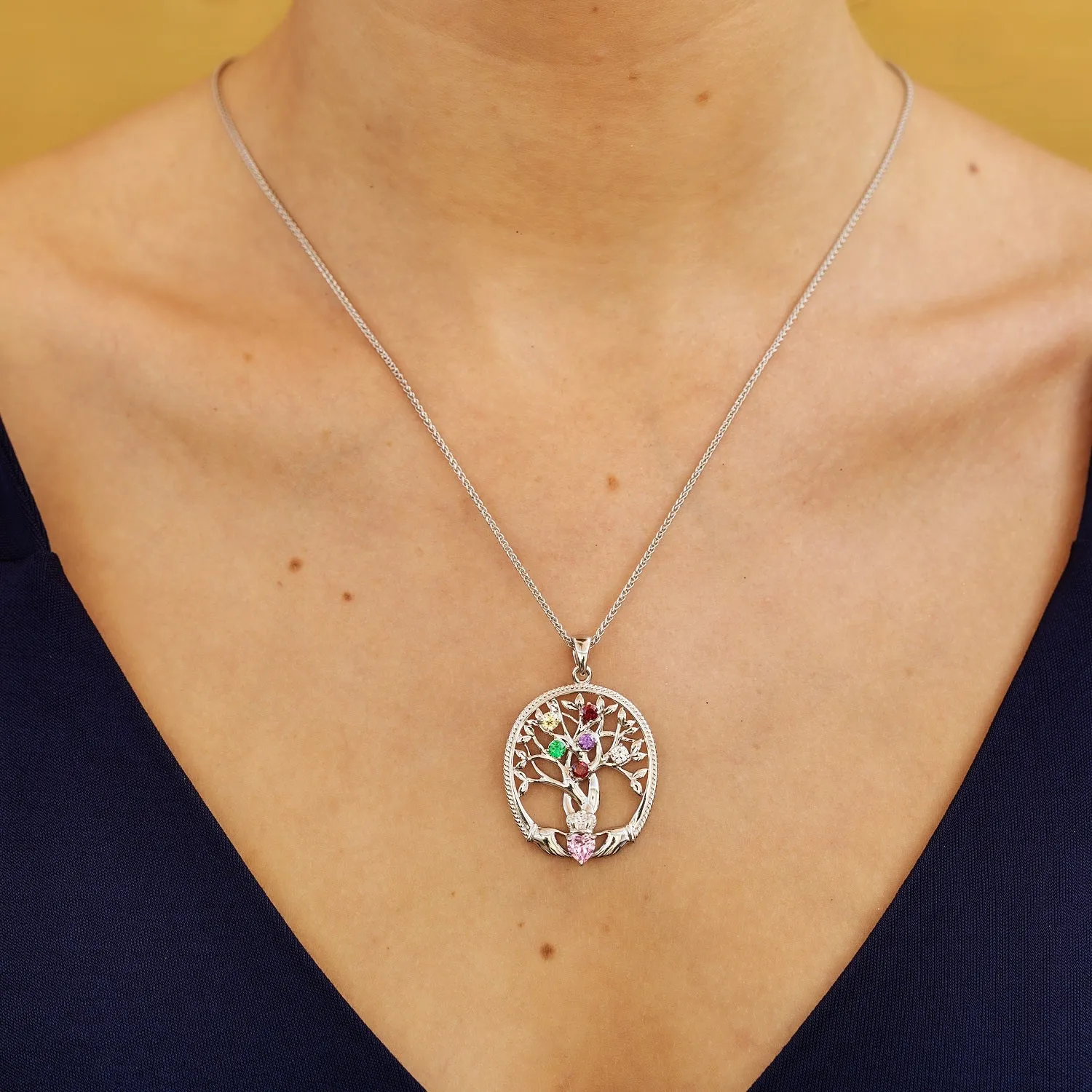 Sterling Silver Irish Family Claddagh Tree of Life Birthstone Pendant Mother and 6 Children - SP2247-6