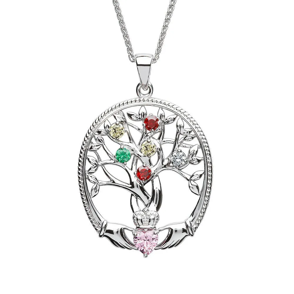 Sterling Silver Irish Family Claddagh Tree of Life Birthstone Pendant Mother and 6 Children - SP2247-6