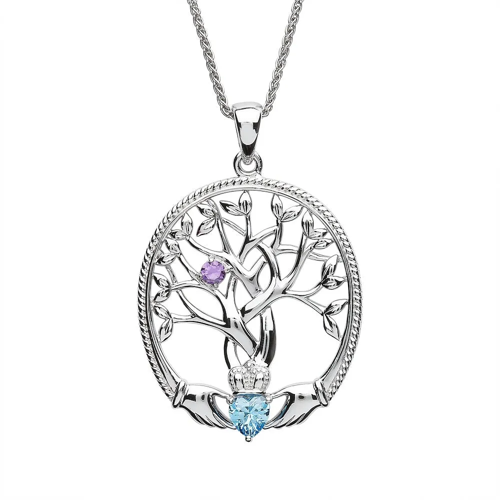 Sterling Silver Irish Family Claddagh Tree of Life Birthstone Pendant Mother and Child - SP2247-1