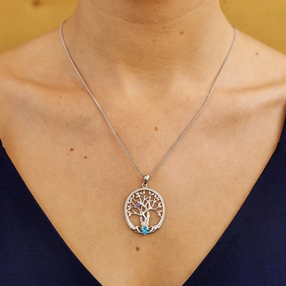 Sterling Silver Irish Family Claddagh Tree of Life Birthstone Pendant Mother and Child - SP2247-1