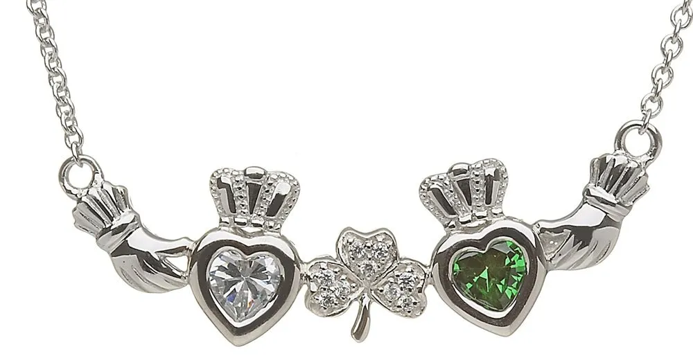 Sterling Silver Mother & Family Claddagh & Shamrock Birthstone Pendant Necklace LS-MP2-S