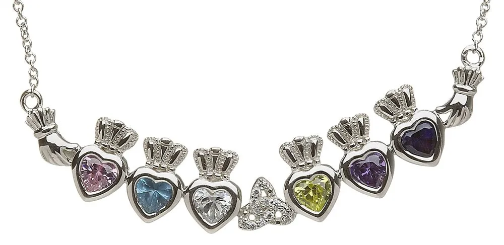 Sterling Silver Mother & Family Claddagh & Trinity Birthstone Pendant Necklace LS-MP6-T