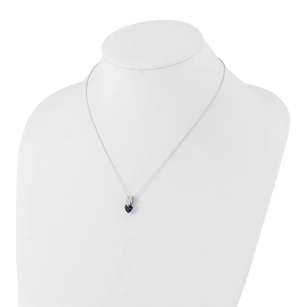 Sterling Silver Polished Amethyst & Diamond Heart Necklace