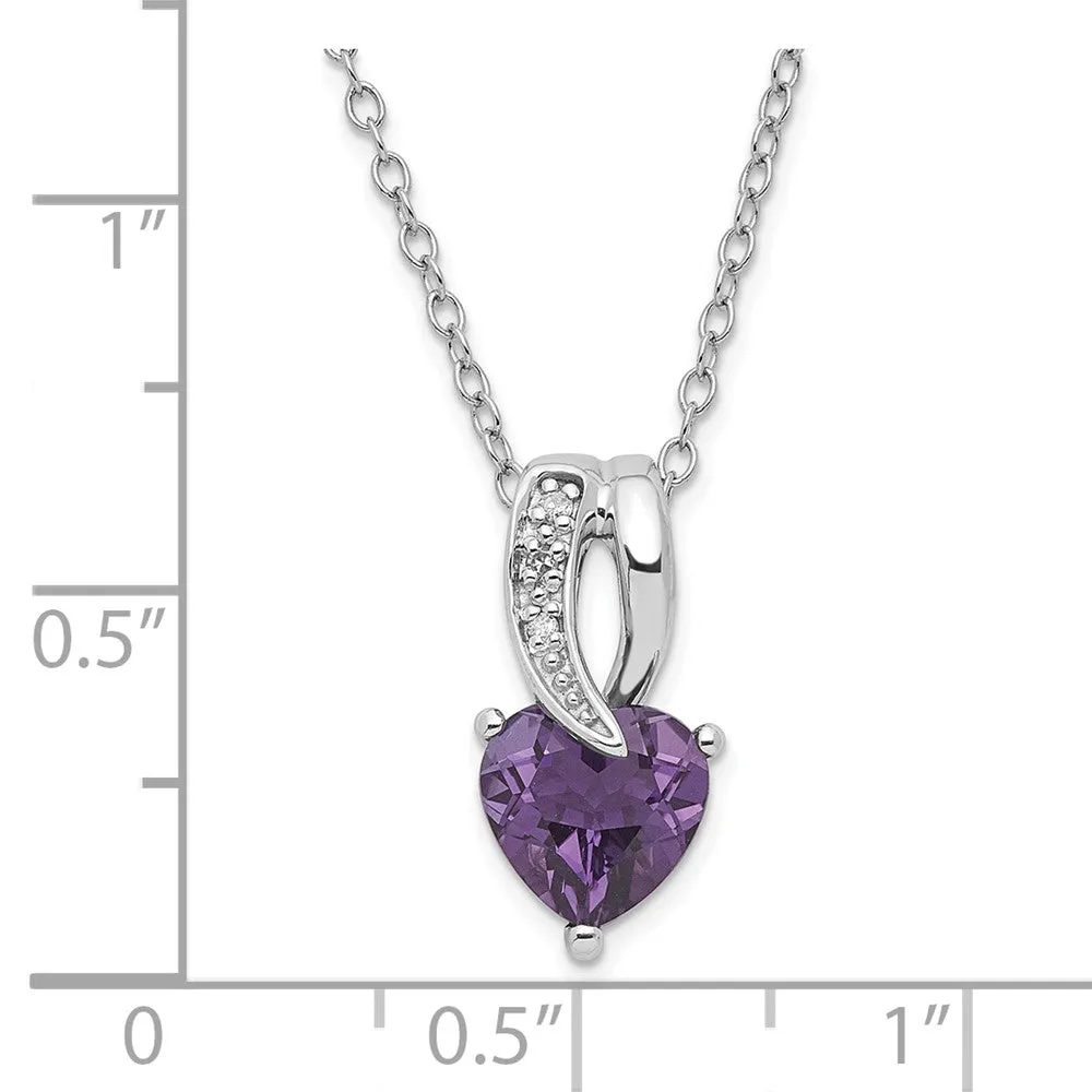 Sterling Silver Polished Amethyst & Diamond Heart Necklace