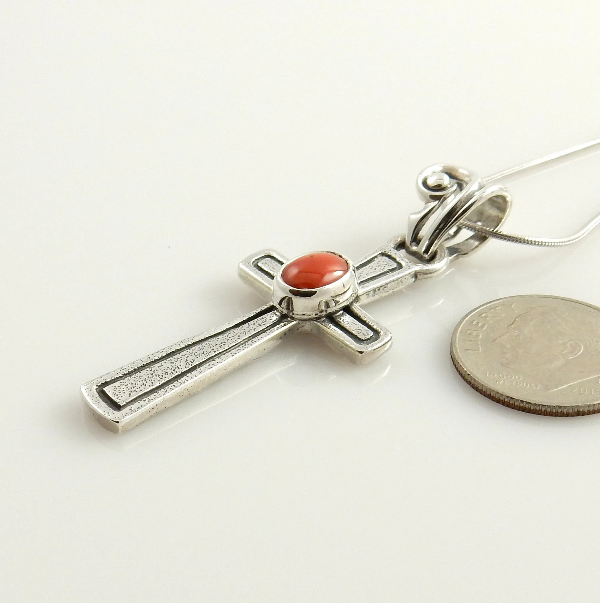 Sterling Silver Red Coral Cross Pendant